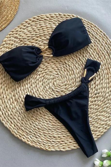 Womens Black Bikini Set With Gold Detailing