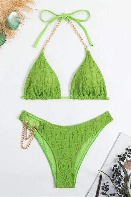 Textured Green Halter Bikini Set With Chain Accents