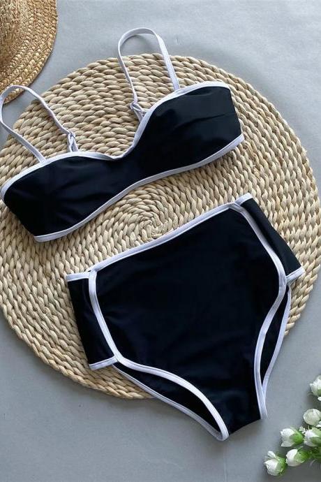 Elegant Black Bandeau Bikini Set With White Trim