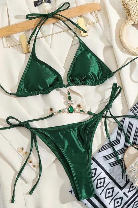 Womens Shiny Green Triangle Bikini Set Swimwear