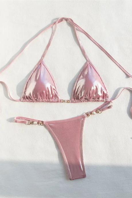 Womens Metallic Pink Bikini Set With Gold Details