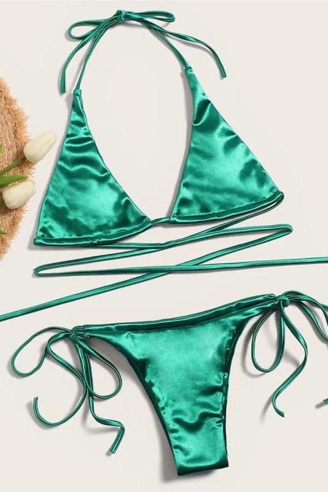 Womens Satin Green Tie-up Bikini Swimwear Set