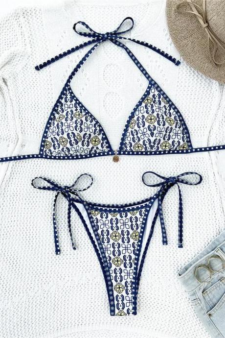 Boho Print Halter Neck Bikini Set With Tie-strings