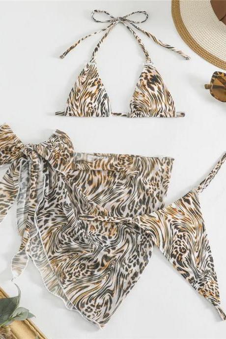 Womens Animal Print Bikini Set With Wrap Skirt Accessory