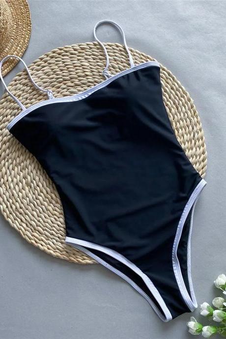 Elegant Black One-piece Swimsuit With White Trim