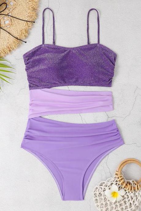 Womens Sparkly Purple Two-piece High-waist Bikini Set