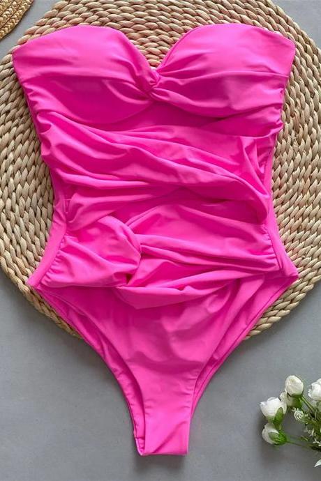 Womens Strapless Ruched Pink One-piece Swimsuit