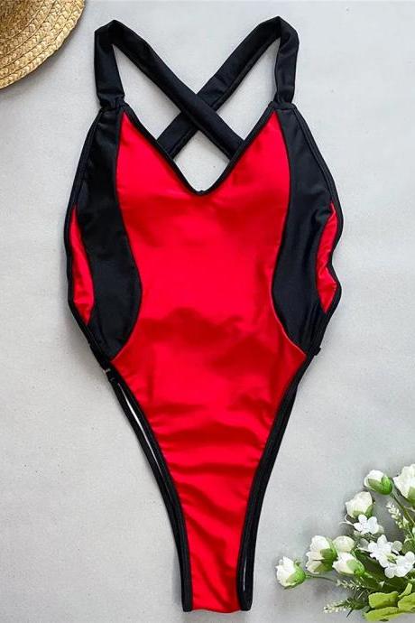 Womens Red And Black High-cut One-piece Swimsuit