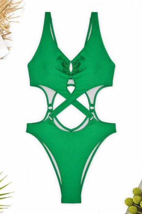Womens Green Strappy One-piece Swimsuit With Spider Detail