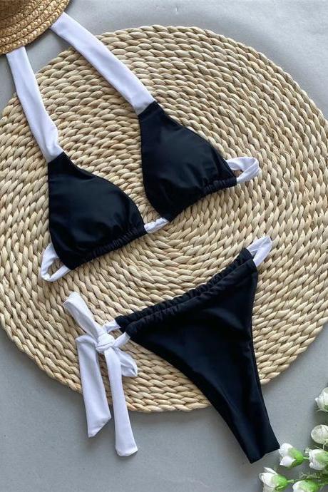 Elegant Black And White Two-piece Swimsuit Set
