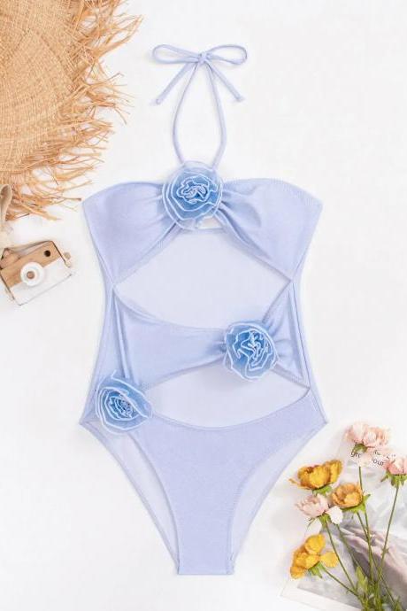 Womens Blue Floral Accent Tie-neck One-piece Swimsuit