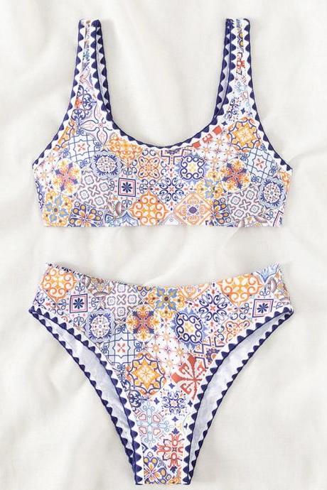 Womens Mosaic Print Sports Bra And Bikini Set