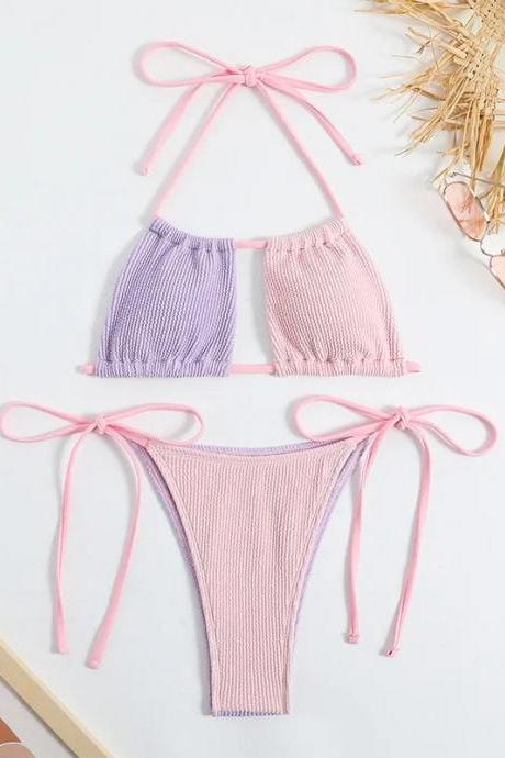 Womens Ribbed Knit Tie-front Bikini Set In Pastel Colors