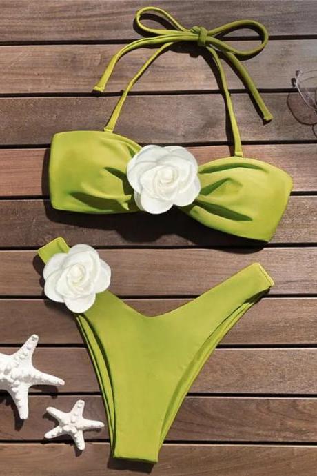 Womens Floral-accent Lime Green Bikini Swimwear Set