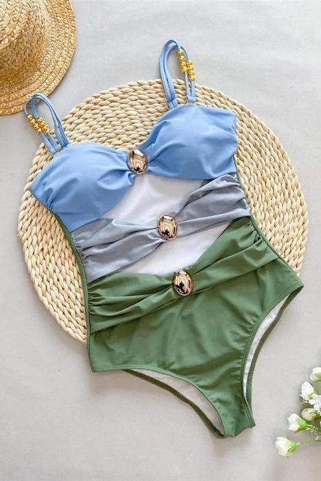 Color Block One-piece Swimsuit With Gold-tone Accents