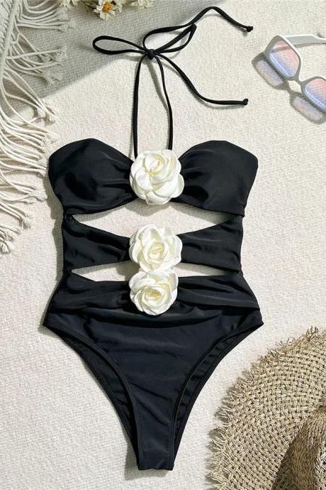 Womens Floral Accents Black Monokini Swimsuit Beachwear