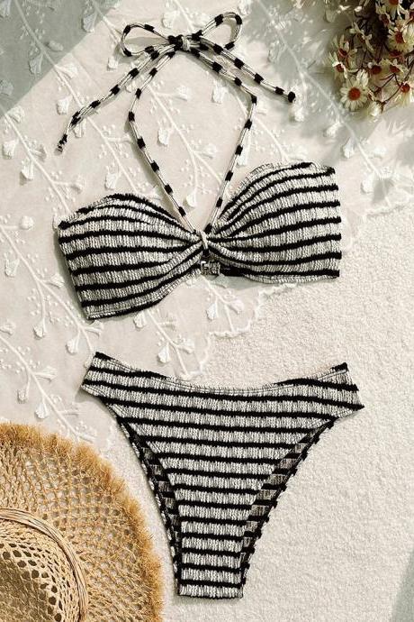 Striped Tie-up Halter Neck Bikini Swimwear Set