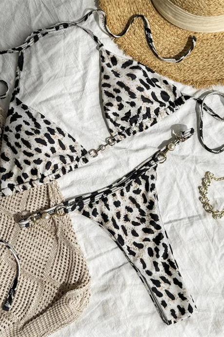Leopard Print Bikini Set With Metal Accents Womens