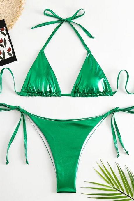 Womens Satin Triangle Tie Bikini Set - Emerald Green