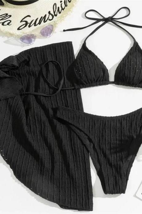 Womens Ribbed Black Bikini Set With Tie Details