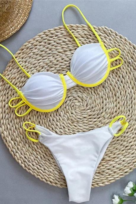 Womens White Bikini Set With Neon Yellow Trim