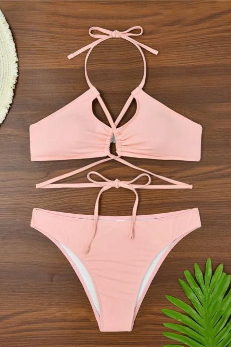 Womens Peach Halter Neck Bikini Set Swimsuit