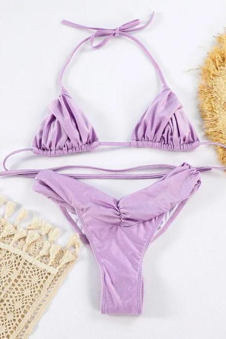 Womens Lilac Ruffled Halter Bikini Set Two-piece Swimwear
