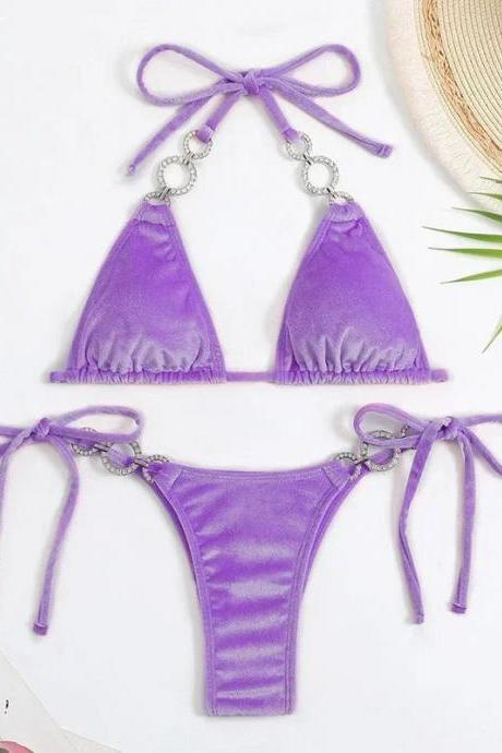 Womens Purple Bikini Set With Silver Ring Accents