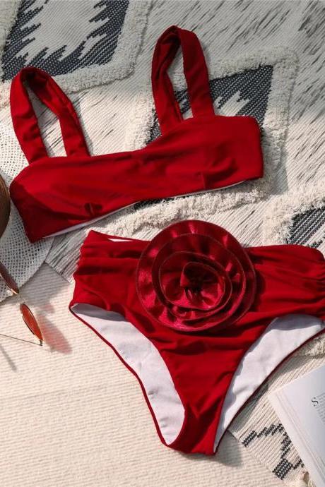 Elegant Red Rose Detail Two-piece Swimwear Set