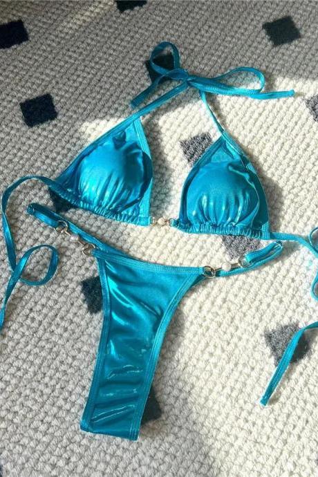 Womens Satin Teal Bikini Set With Tie Sides