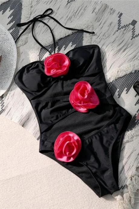 Elegant Black One-piece Swimsuit With Red Rose Accents