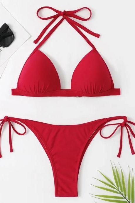 Womens Red Tie-front Bikini Top And Bottom Set