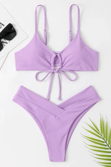 Womens Lilac Front-tie Bikini Set High-waisted Swimwear
