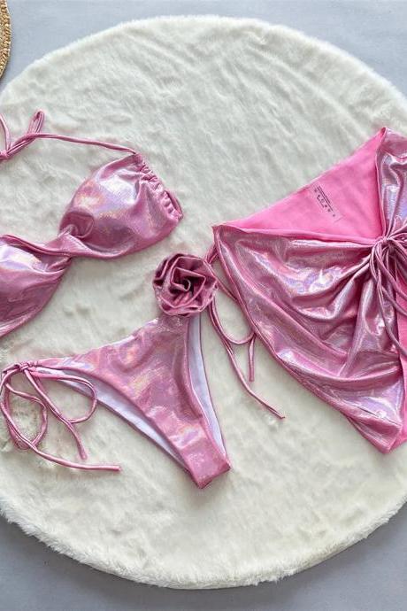 Womens Metallic Pink Bikini Set With Flowery Accents