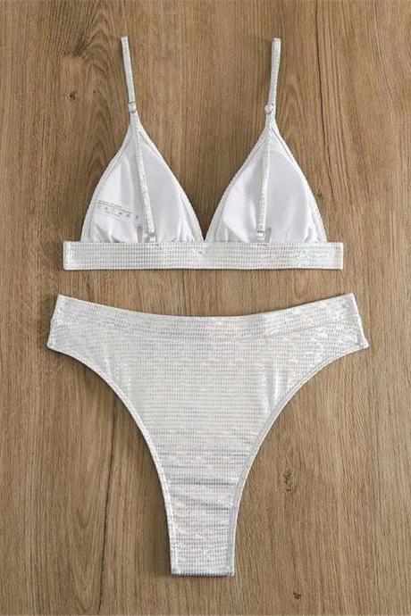 Shiny Sequin Embellished Triangle Bikini Swimsuit Set