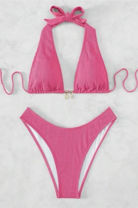 Womens Pink Ribbed Halter Neck Bikini Swimwear Set