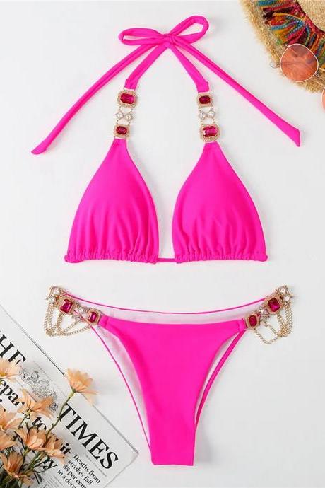 Womens Pink Halter Neck Bikini With Jewel Accents