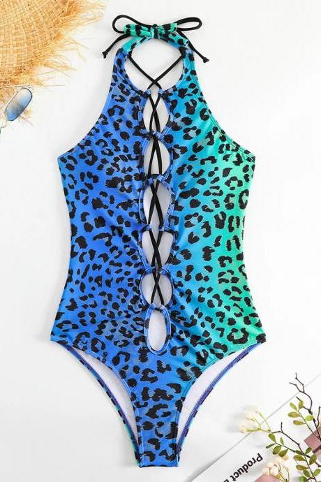 Womens Blue Leopard Print Lace-up One-piece Swimsuit