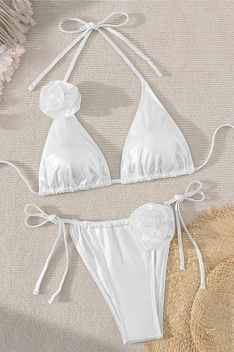 Womens White Floral Accent Tie-halter Bikini Swimwear Set