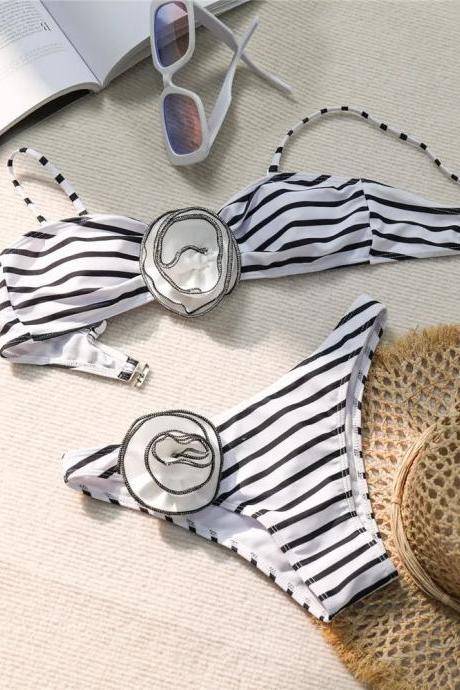 Womens Striped Bikini Set With Metal Accents