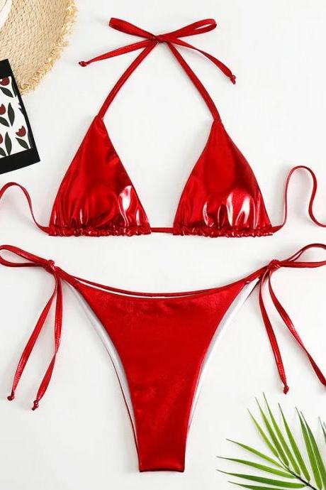 Womens Shiny Red Halter Neck Bikini Set Swimwear