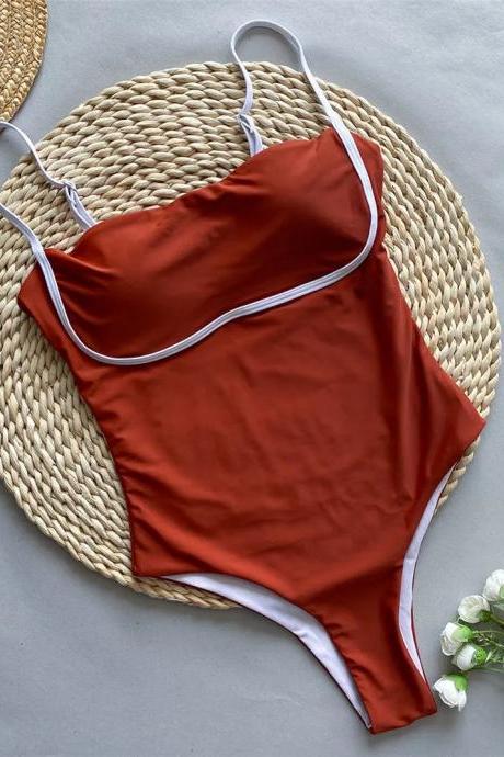 Elegant Red One-piece Swimsuit With White Piping