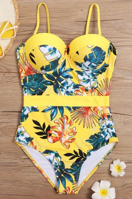 Tropical Print One-piece Swimsuit With Underwire Support