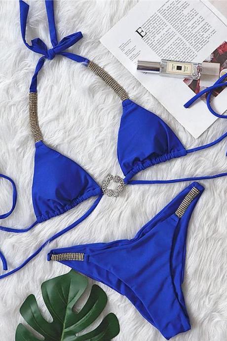Womens Royal Blue Bikini Set With Jewel Accents