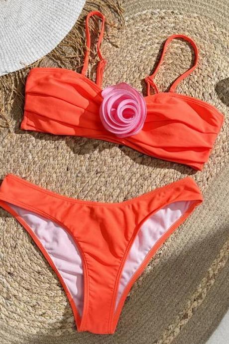 Womens Coral Bandeau Bikini Set With Floral Accent