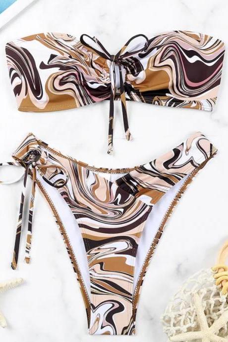 Womens Abstract Print Tie-front Bikini Swimwear Set