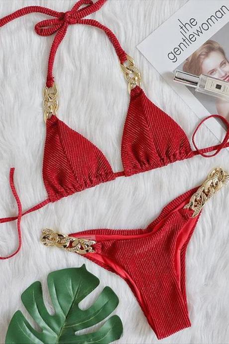 Red Halter Neck Bikini With Gold Chain Accents