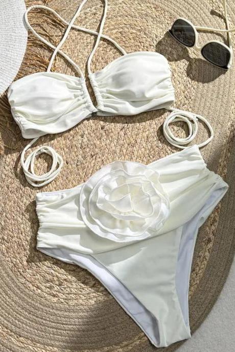 Womens Chic White Floral Applique Bikini Swimwear Set