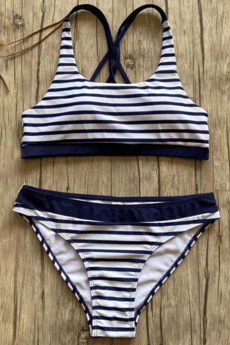 Nautical Stripe High-neck Bikini Set Swimwear For Women