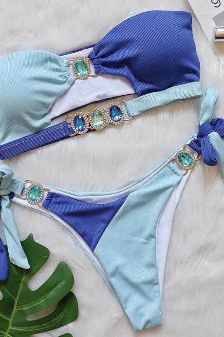 Womens Two-tone Bandeau Bikini Set With Jewel Accents